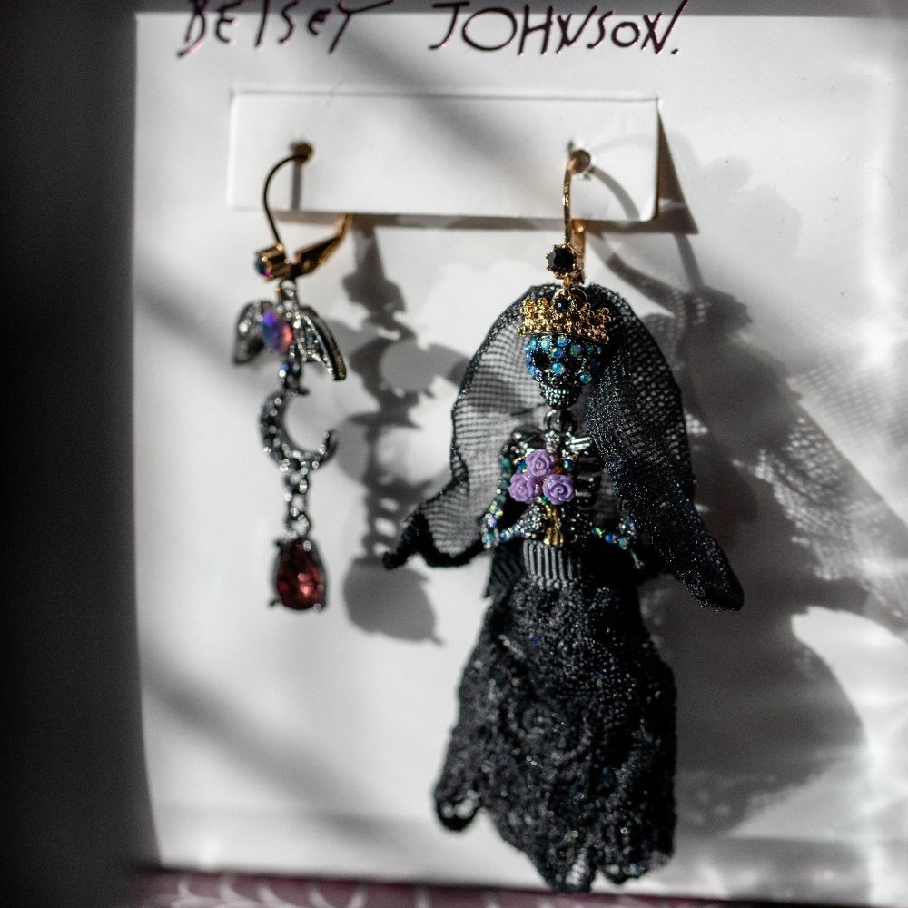 Betsey Johnson Skeleton Bride And Bat Mismatch Earrings